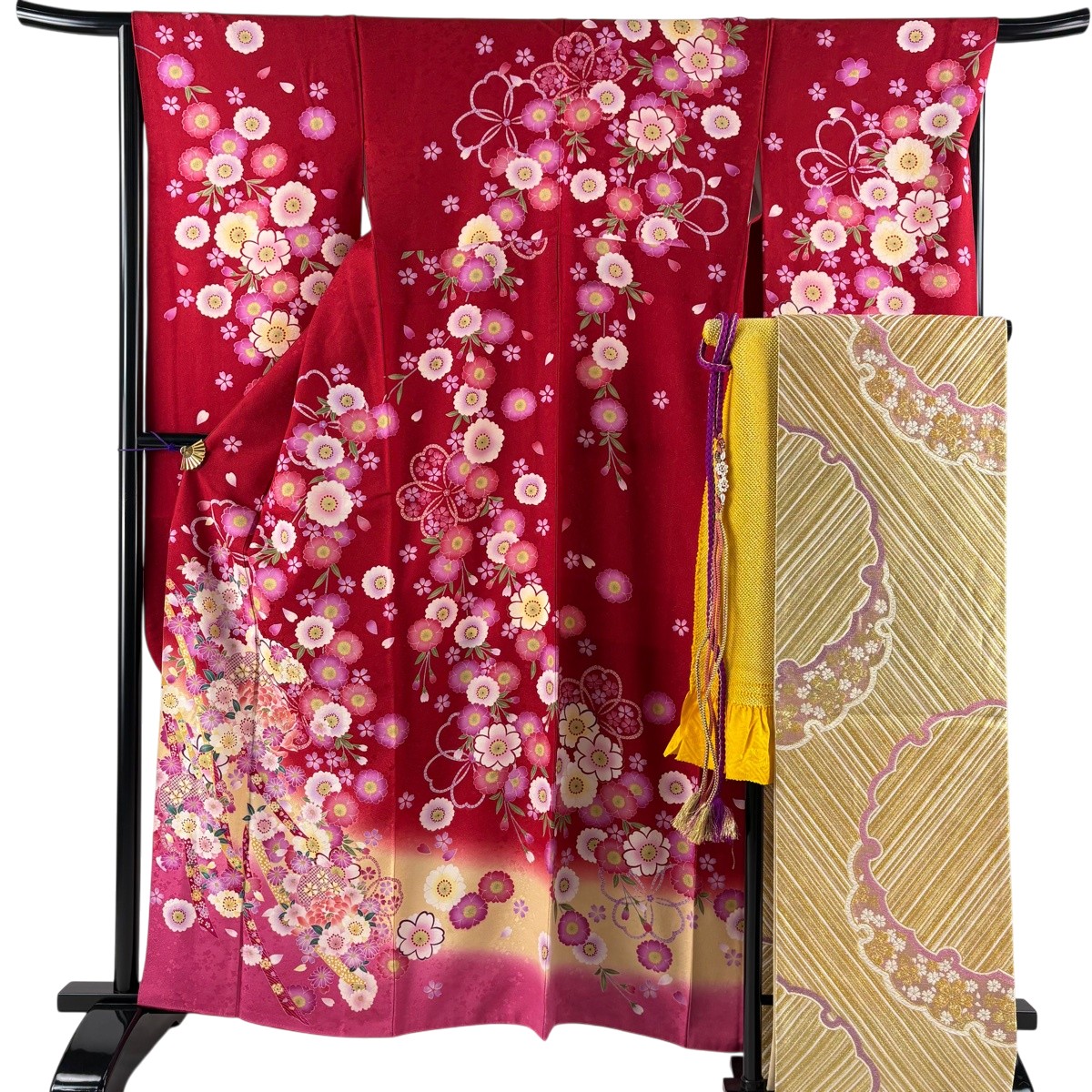 【美品】 振袖 身丈162cm 裄丈66cm M 袷 袋帯フルセット 雪輪 桜 銀通し 箔 赤 正絹 名品 【中古】 msp50｜バイセル 店