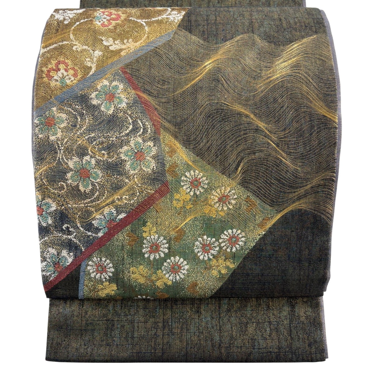 【美品】 袋帯 逸品 花唐草 流水 金糸 箔 深緑 お太鼓柄 正絹 【中古】 msp29|バイセル 店