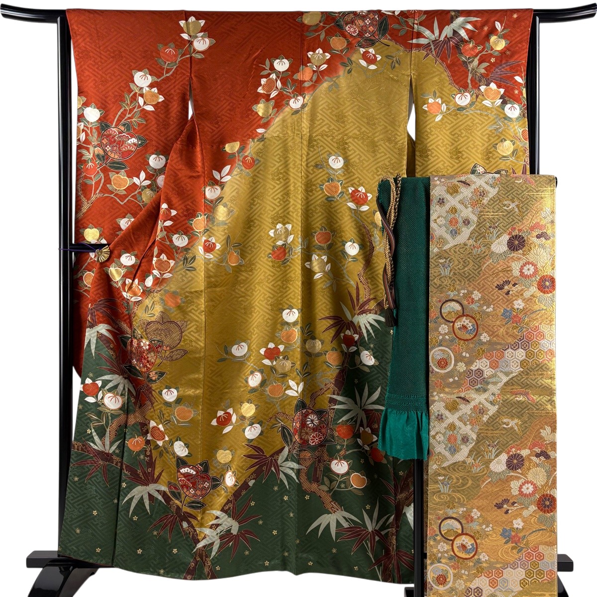 【美品】 振袖 身丈159.5cm 裄丈64cm M 袷 袋帯フルセット 橘 竹 金糸 刺繍 赤茶 正絹 秀品 【中古】 msp30｜バイセル 店 11,211円
