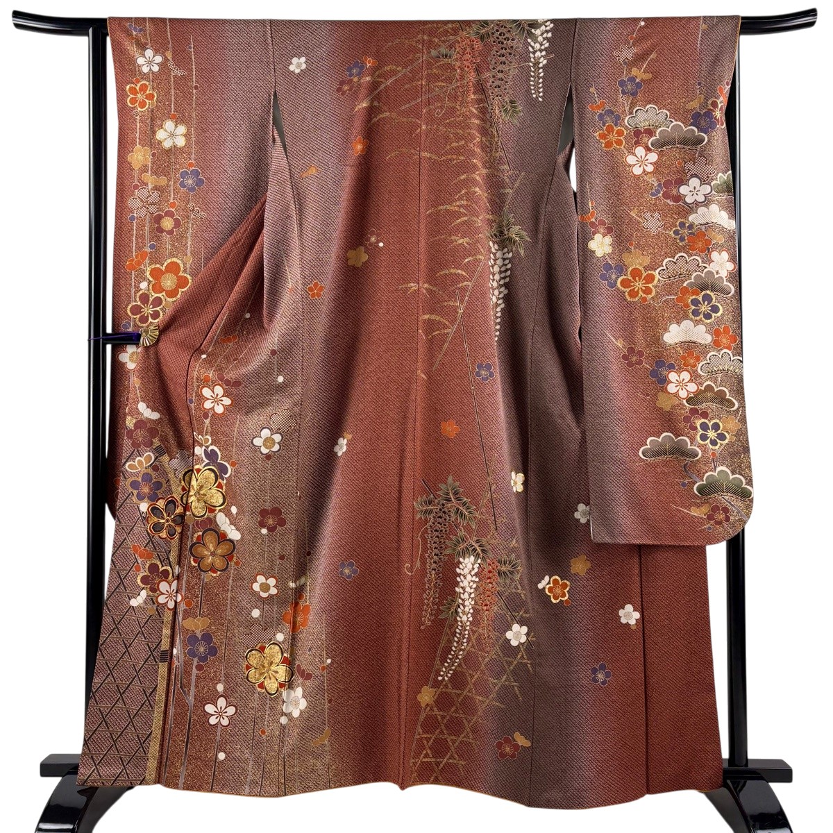 振袖 身丈162cm 裄丈65.5cm M 袷 鈴乃屋 枝梅 籠目 金糸 金彩 赤茶 正絹 名品 【中古】 msp30｜バイセル 店