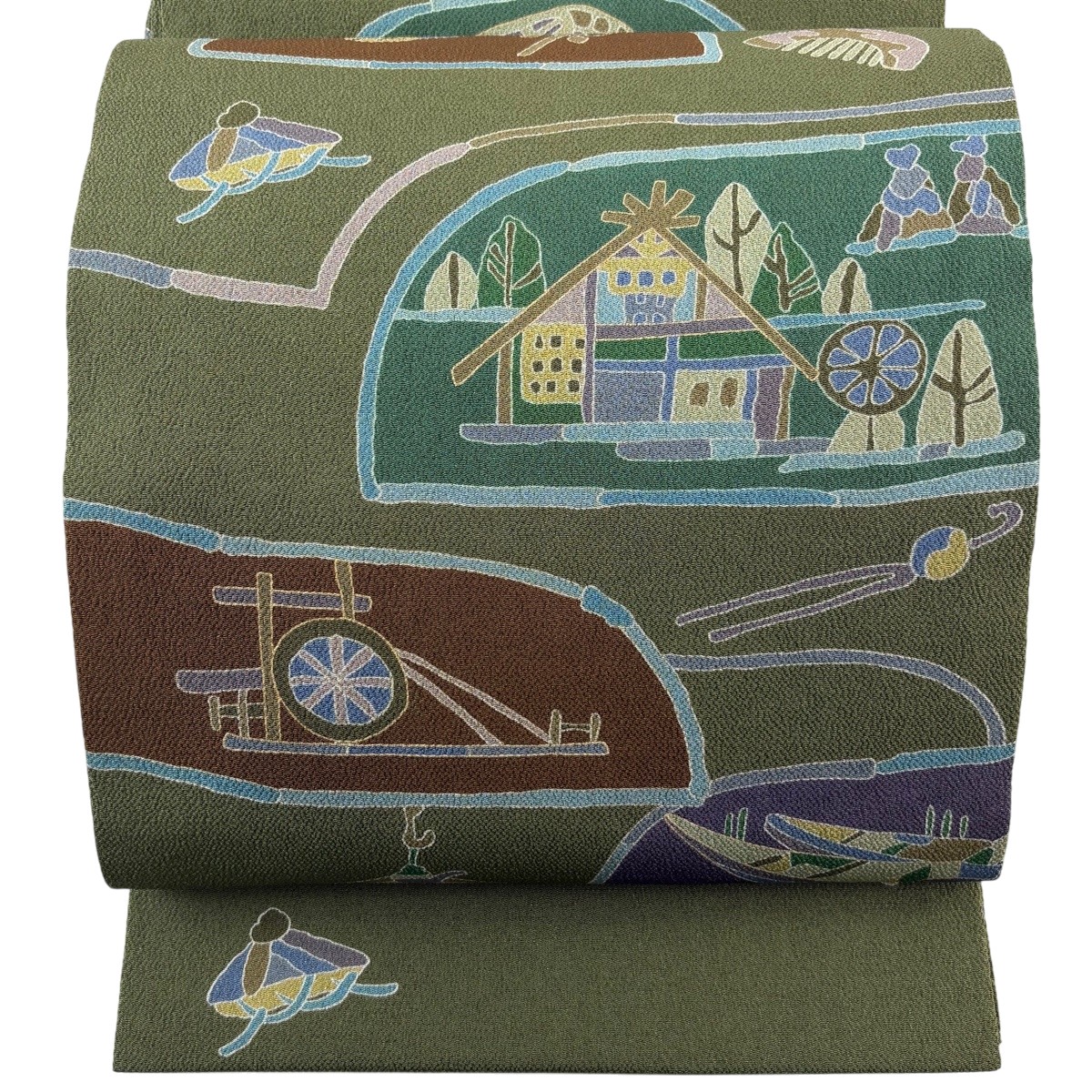 【美品】 開き名古屋帯 秀品 樹木 建物 金彩 縮緬 茶緑色 正絹 【中古】｜バイセル 店