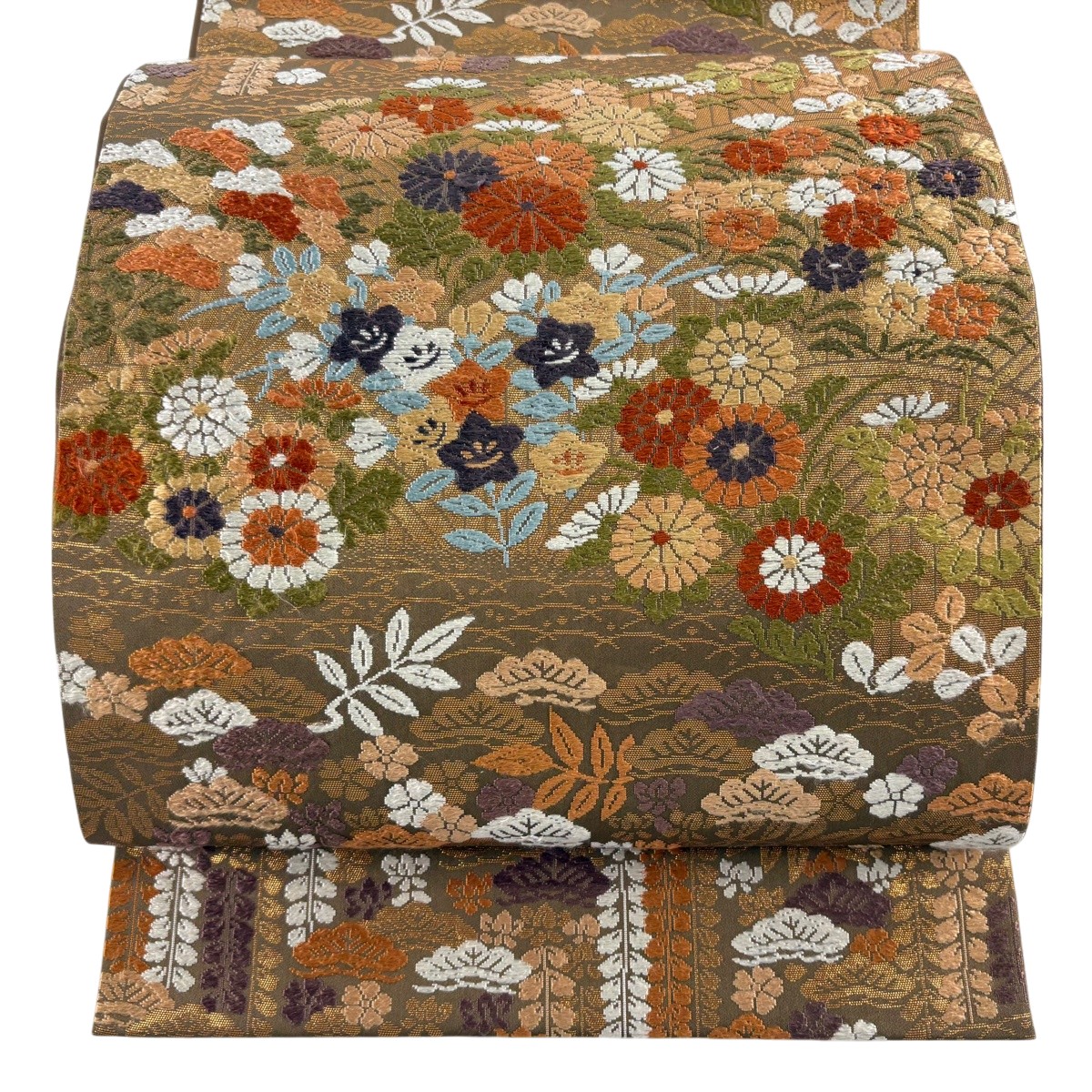 名古屋帯 逸品 河合美術織物 落款あり 菊 笠松 唐織り 箔 茶色 六通 正絹 【中古】 msp29|バイセル 店
