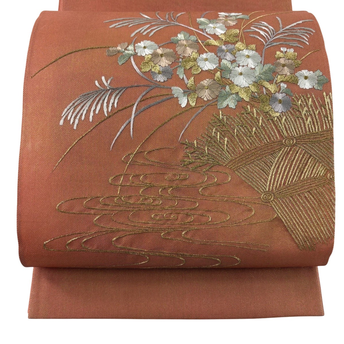 【美品】 袋帯 秀品 夏帯 草花 金糸 オレンジ お太鼓柄 正絹 【中古】｜バイセル 店