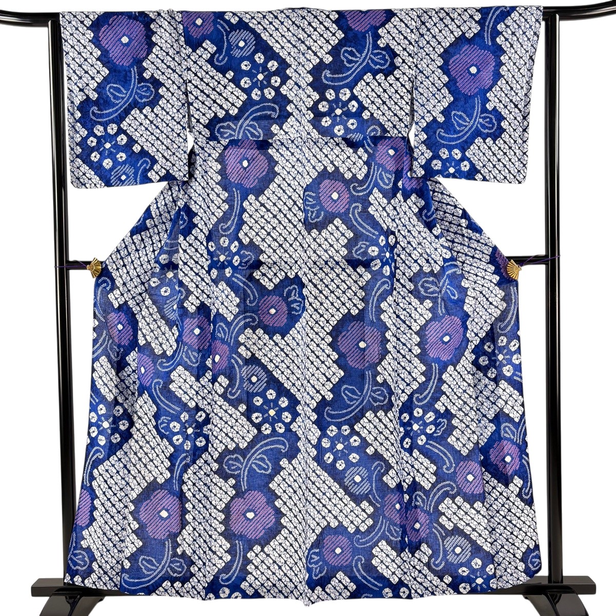 浴衣 身丈158cm 裄丈64cm M 絞り浴衣 草花 青 綿 名品 【中古】 msp30|バイセル 店