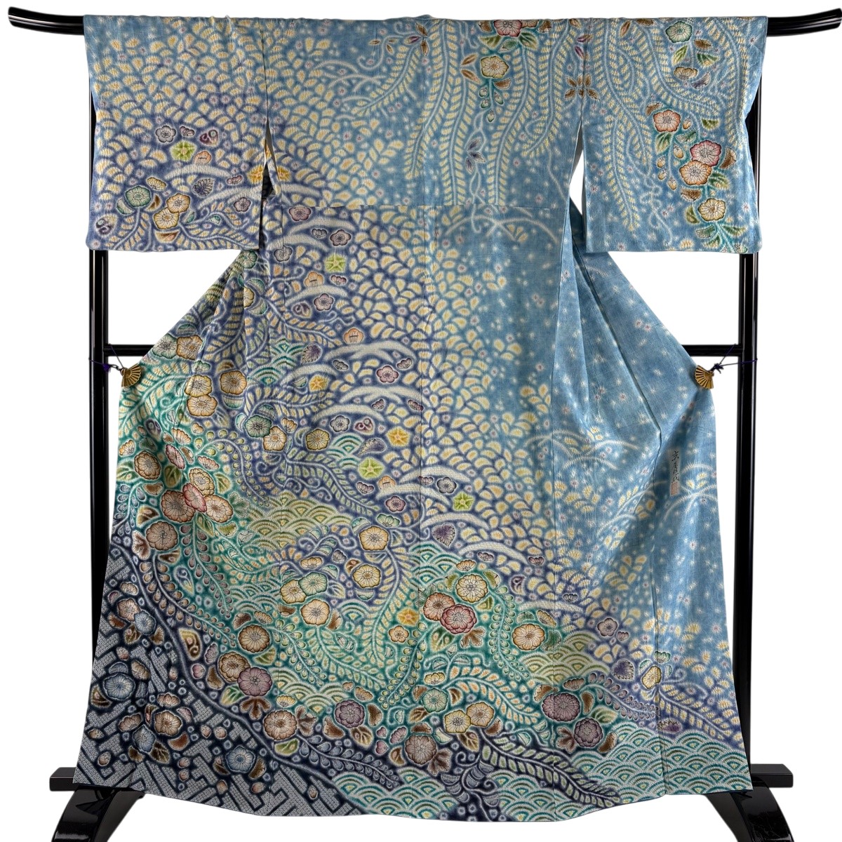 【美品】 訪問着 身丈165cm 裄丈68cm L 袷 京屋林蔵 紬地 落款あり 辻が花 藤 青 正絹 逸品 【中古】 msp29｜バイセル 店
