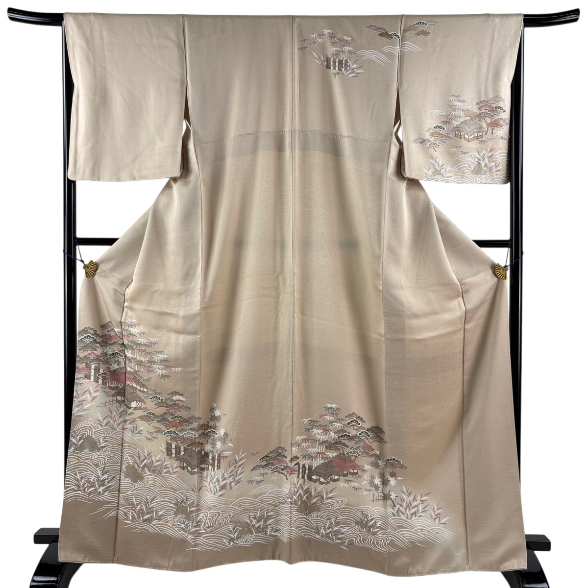 【美品】 訪問着 身丈166cm 裄丈66cm M 袷 家屋 松 金彩 染め分け 薄茶色 正絹 秀品 【中古】｜バイセル 店