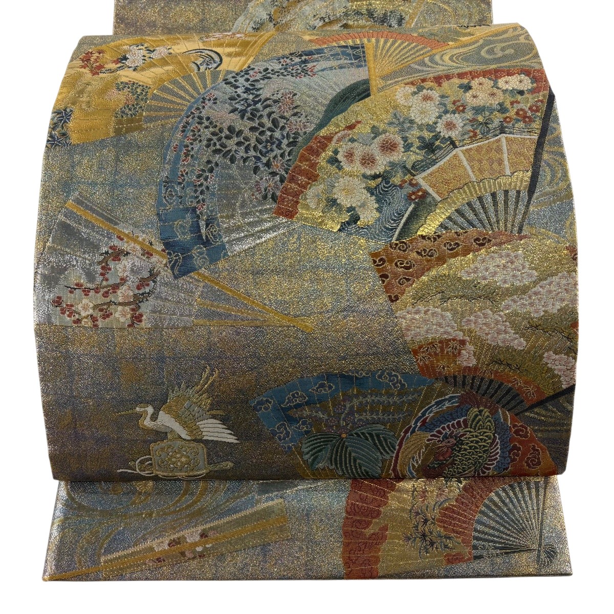 【美品】 袋帯 逸品 扇 花鳥 金糸 箔 灰緑 全通 正絹 【中古】 msp29|バイセル 店