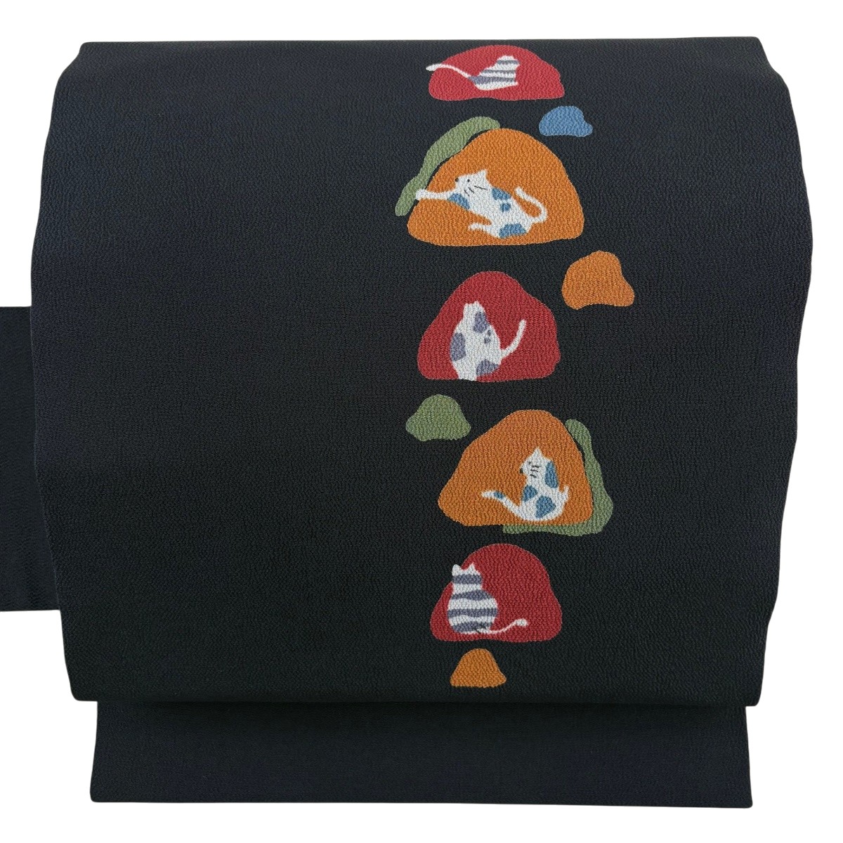 【美品】 名古屋帯 逸品 猫 縮緬 黒 正絹 【中古】 msp29|バイセル 店