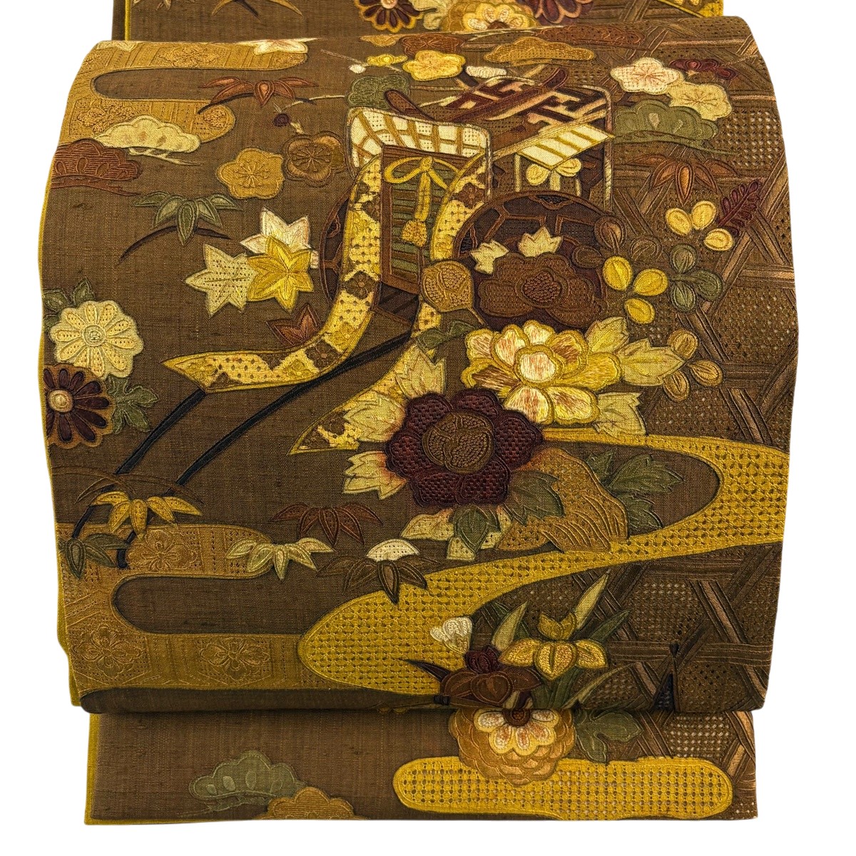 【美品】 袋帯 逸品 紬地 御所車 松竹梅 刺繍 茶色 お太鼓柄 正絹 【中古】 msp29｜バイセル 店