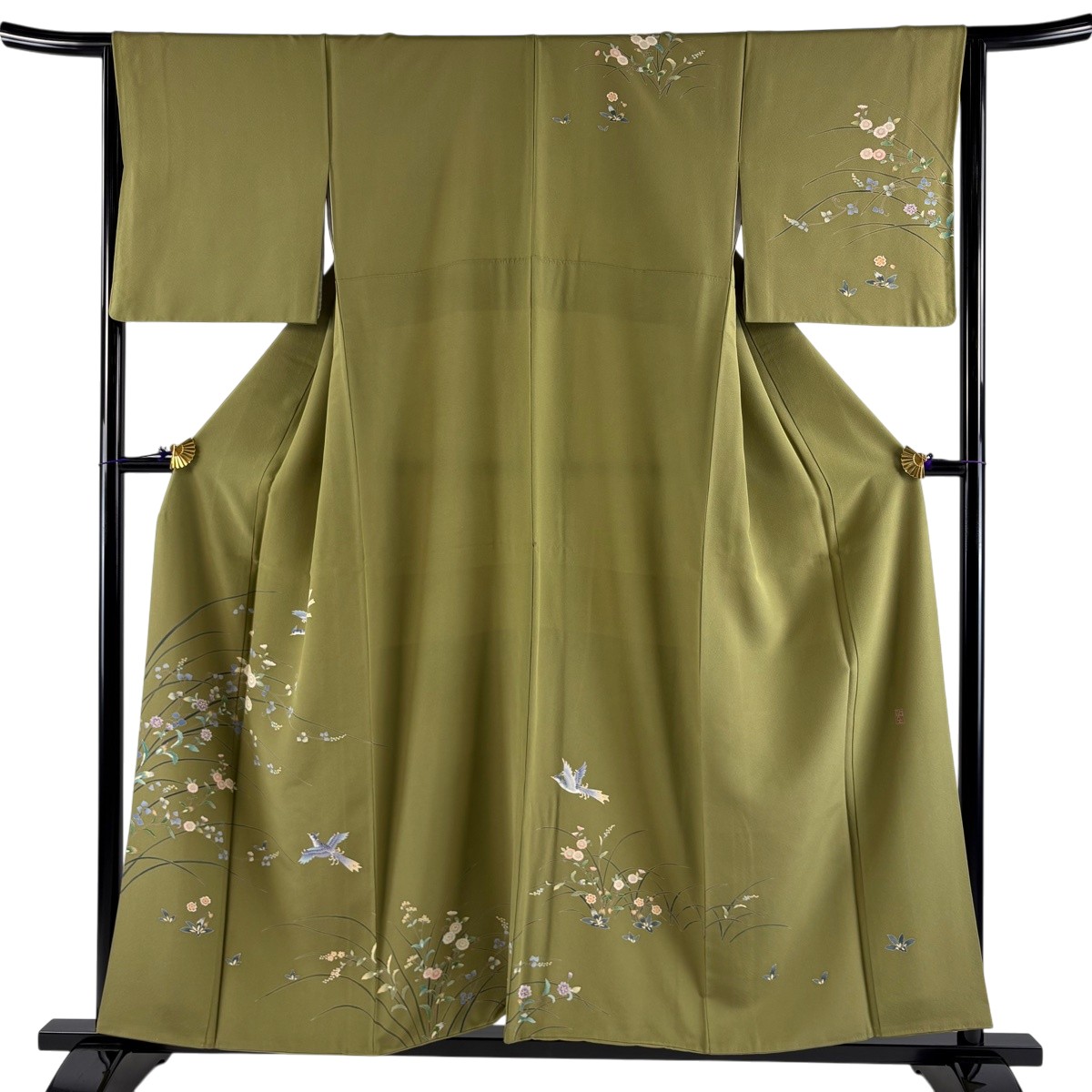 【美品】 訪問着 身丈155.5cm 裄丈64.5cm M 袷 落款あり 菊 鳥 鶯色 正絹 秀品 【中古】｜バイセル 店