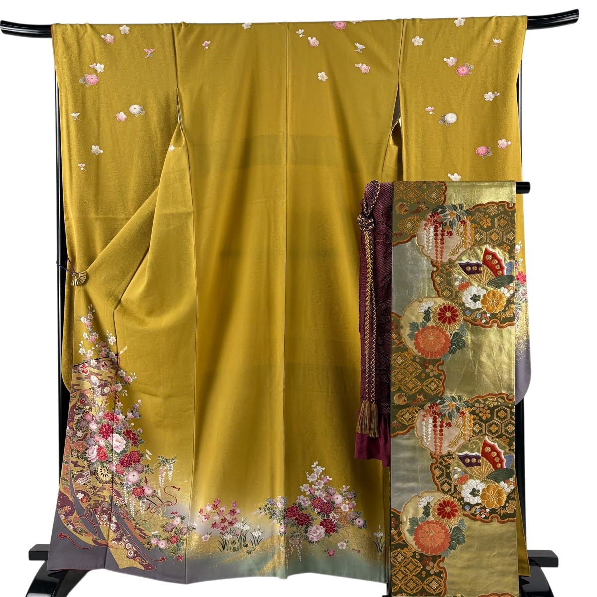 【美品】 振袖 身丈162cm 裄丈69cm L 単衣 袋帯フルセット 几帳 花車 金彩 ぼかし からし色 正絹 秀品 【中古】 msp30|バイセル 店