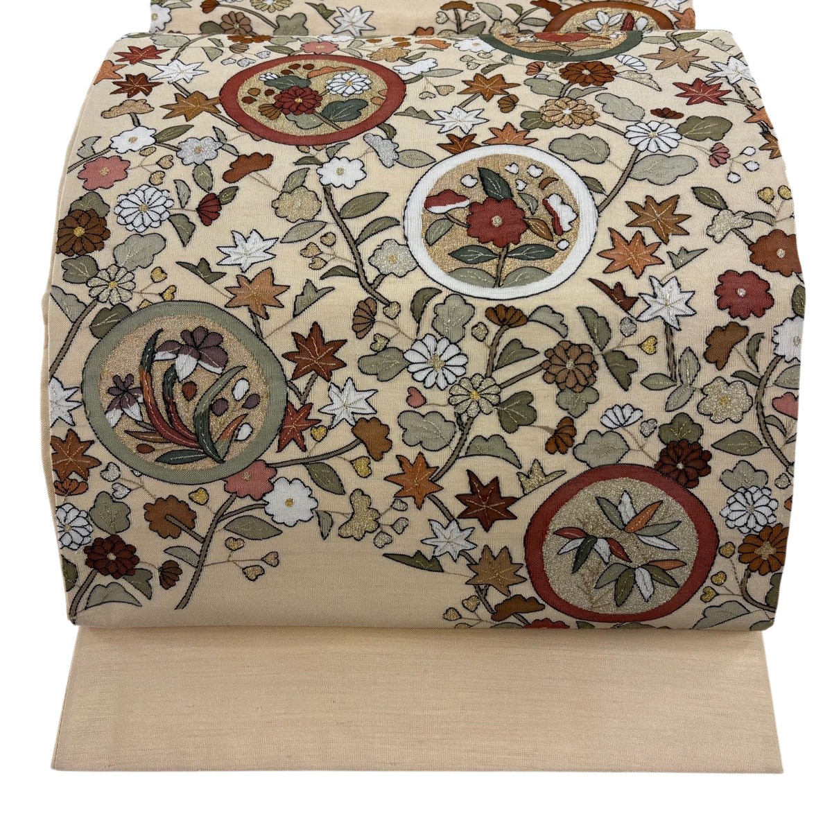 【美品】 袋帯 逸品 菊 草花 金銀糸 薄オレンジ お太鼓柄 正絹 【中古】 msp29|バイセル 店
