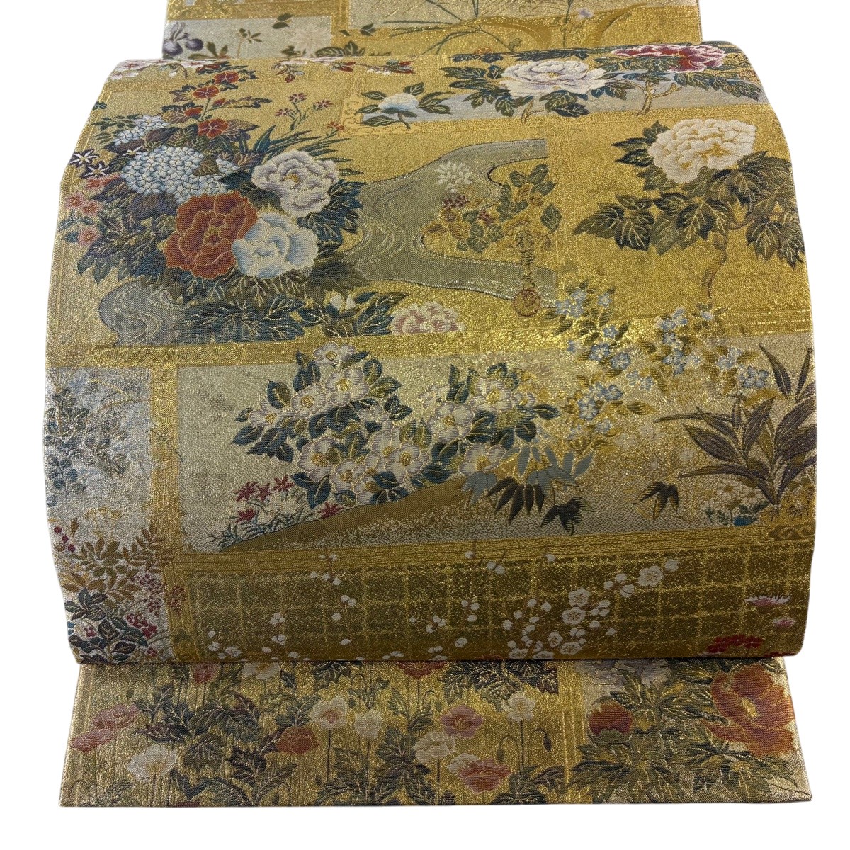 【美品】 丸帯 逸品 草花 鶴 箔 金銀糸 金色 お太鼓柄 正絹 【中古】 msp29|バイセル 店