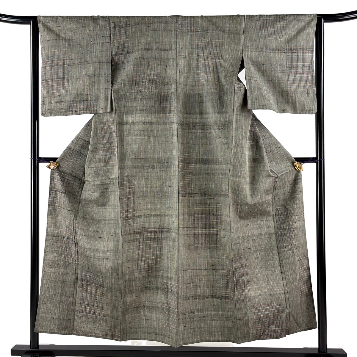 【美品】 紬 身丈154cm 裄丈63.5cm S 単衣 赤城生紬 格子 灰緑 正絹 逸品 【中古】 msp29｜バイセル 店