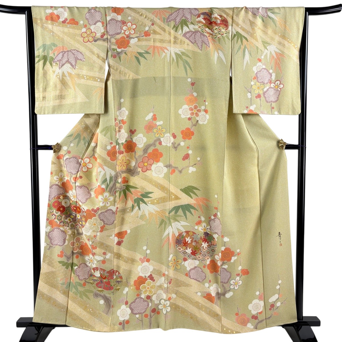 訪問着 身丈159.5cm 裄丈65.5cm M 袷 松井青々 落款あり 団扇 梅 金糸 金銀彩 抹茶色 正絹 逸品 【中古】 msp29｜バイセル 店