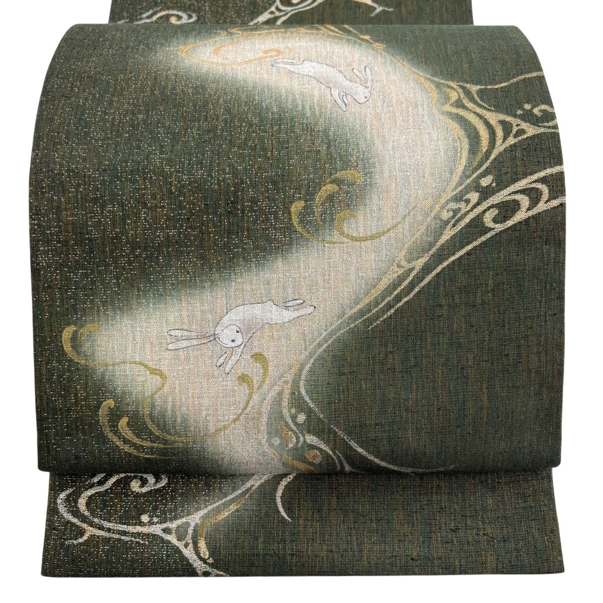【美品】 袋帯 逸品 紬地 笑福 うさぎ 流水 箔 金糸 深緑 お太鼓柄 正絹 【中古】 msp29｜バイセル 店
