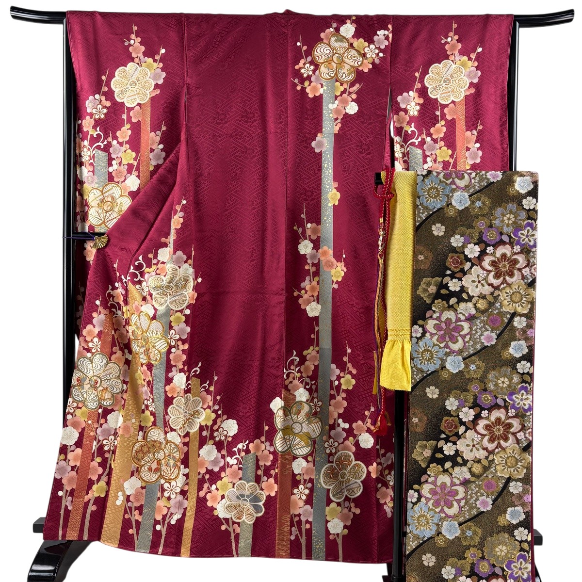 【美品】 振袖 身丈164.5cm 裄丈66cm M 袷 袋帯フルセット 菊 枝梅 金糸 金彩 赤紫 正絹 秀品 【中古】 msp30|バイセル 店