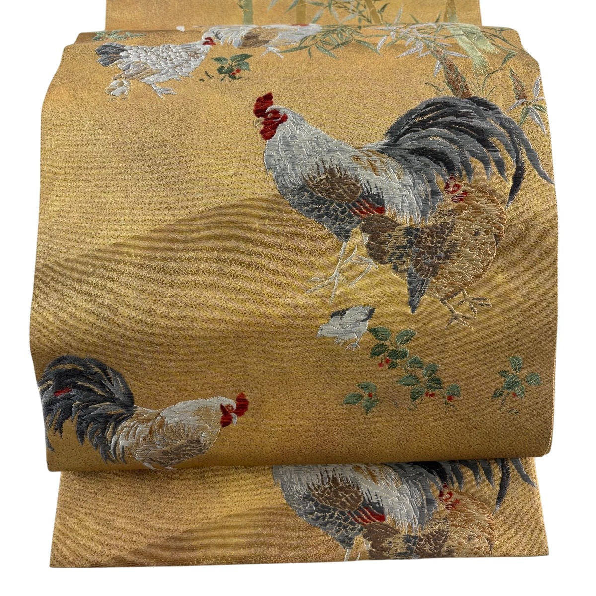 【美品】 袋帯 逸品 郡鶏之図 唐織 金糸 金色 六通 正絹 【中古】 msp29｜バイセル 店