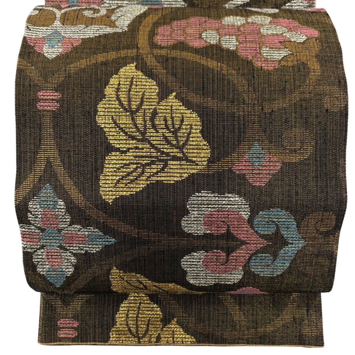 【美品】 袋帯 逸品 誉田屋源兵衛 落款あり 純金 華文 葡萄唐草 金糸 箔 金茶 六通 正絹 【中古】 msp29｜バイセル 店