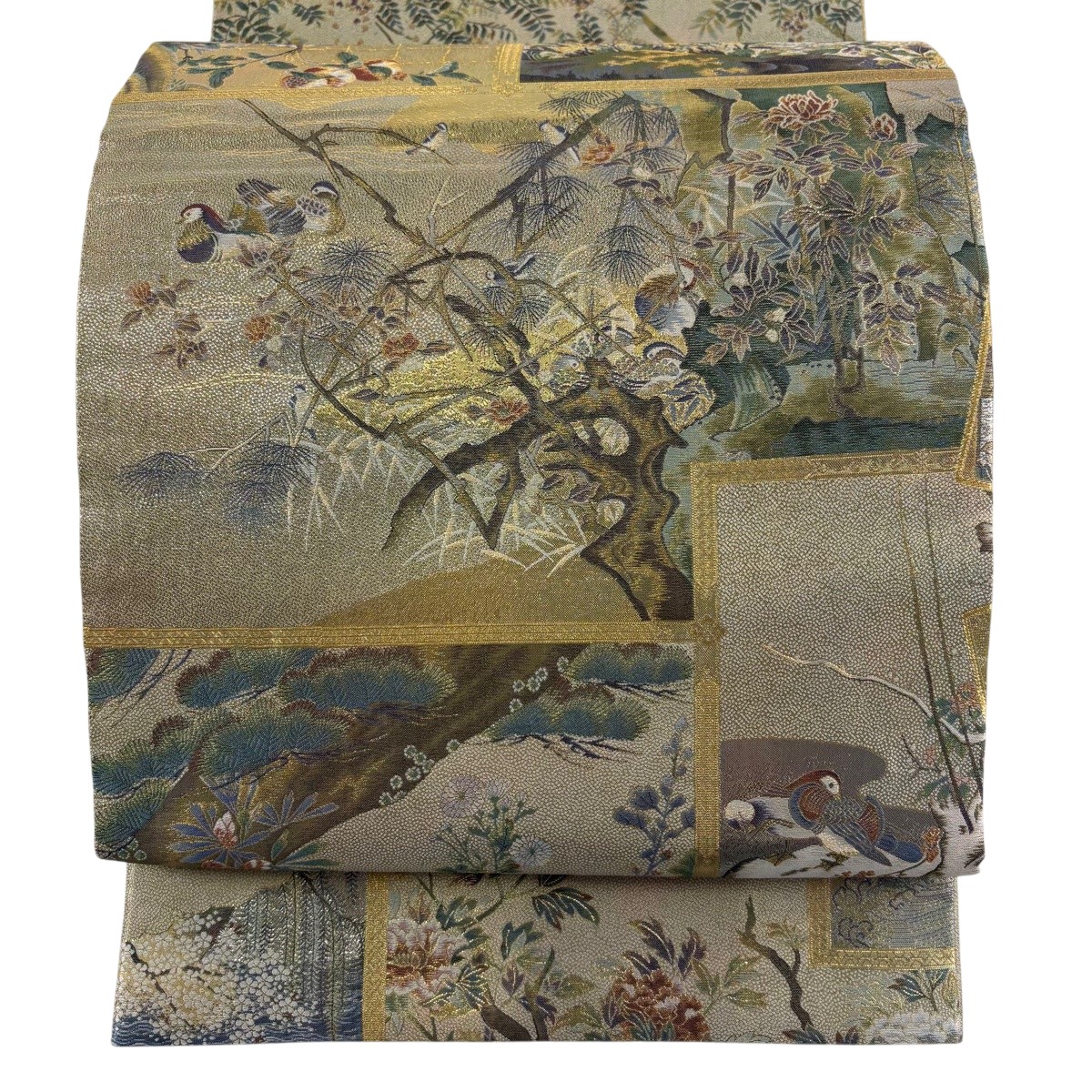 【美品】 丸帯 逸品 日本屏風絵大観 風景 箔 金色 お太鼓柄 正絹 【中古】 msp29|バイセル 店
