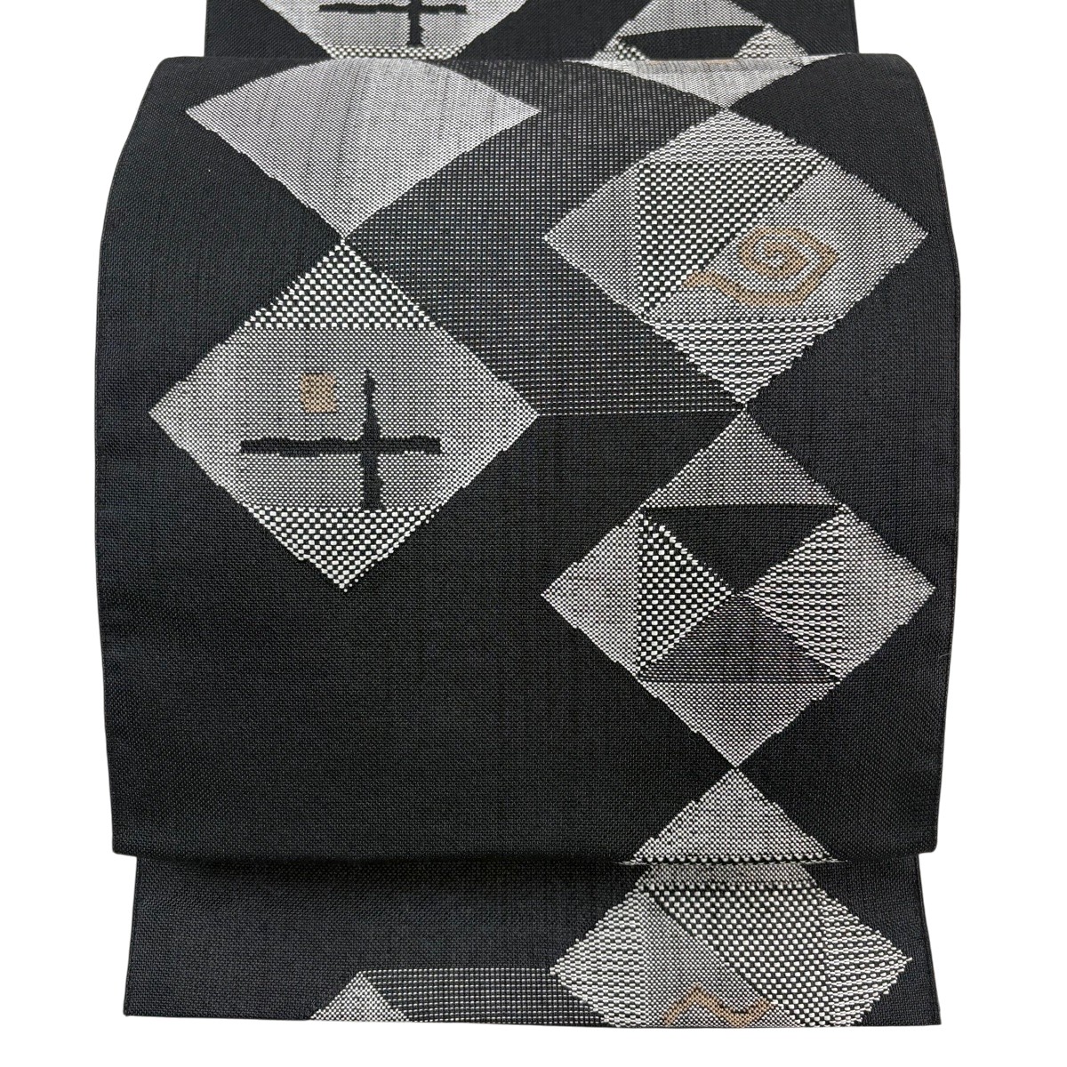 【美品】 名古屋帯 名品 八寸名古屋帯 松葉仕立て 幾何学模様 黒 正絹 【中古】 msp30|バイセル 店