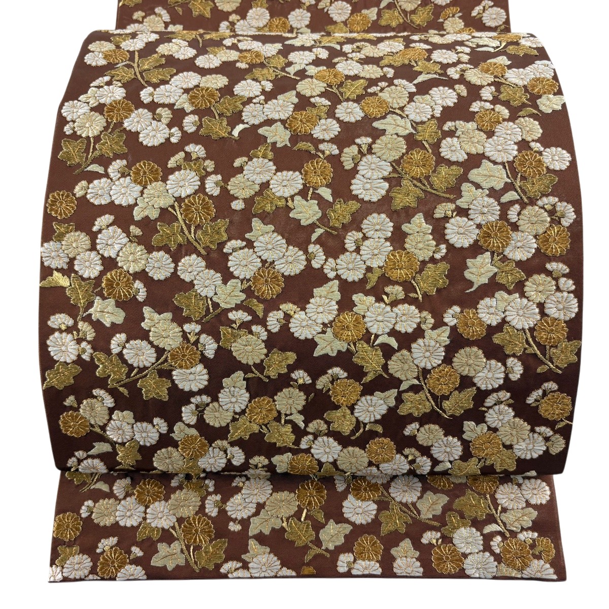 【美品】 袋帯 逸品 菊 金糸 刺繍 茶色 六通 正絹 【中古】｜バイセル 店