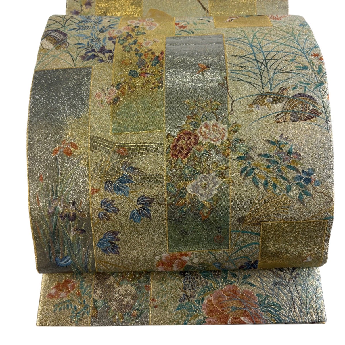 【美品】 丸帯 逸品 松尾光琳 落款あり 短冊 花鳥 金糸 箔 金色 お太鼓柄 正絹 【中古】 msp29｜バイセル 店