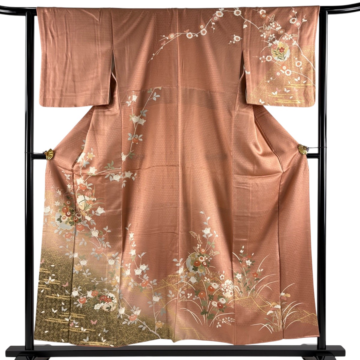 【美品】 訪問着 身丈152.5cm 裄丈63cm S 袷 雪あ 草花 金彩 ぼかし 薄小豆 正絹 秀品 【中古】｜バイセル 店