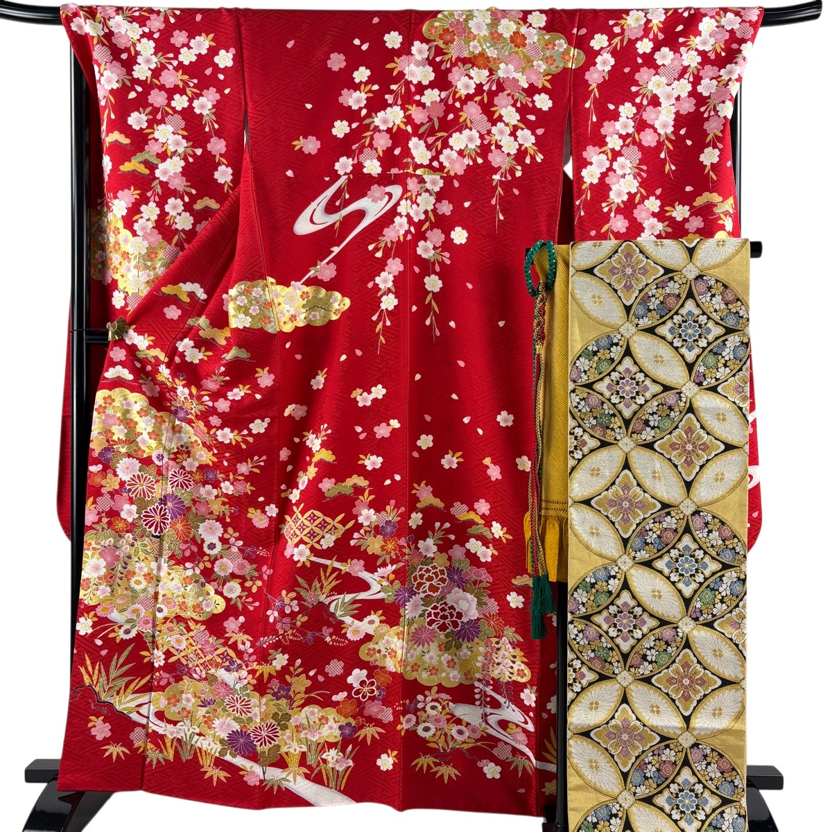 【美品】 振袖 身丈164.5cm 裄丈70cm L 袷 袋帯フルセット 花籠 松竹梅 金彩 赤 正絹 秀品 【中古】 msp30｜バイセル 店