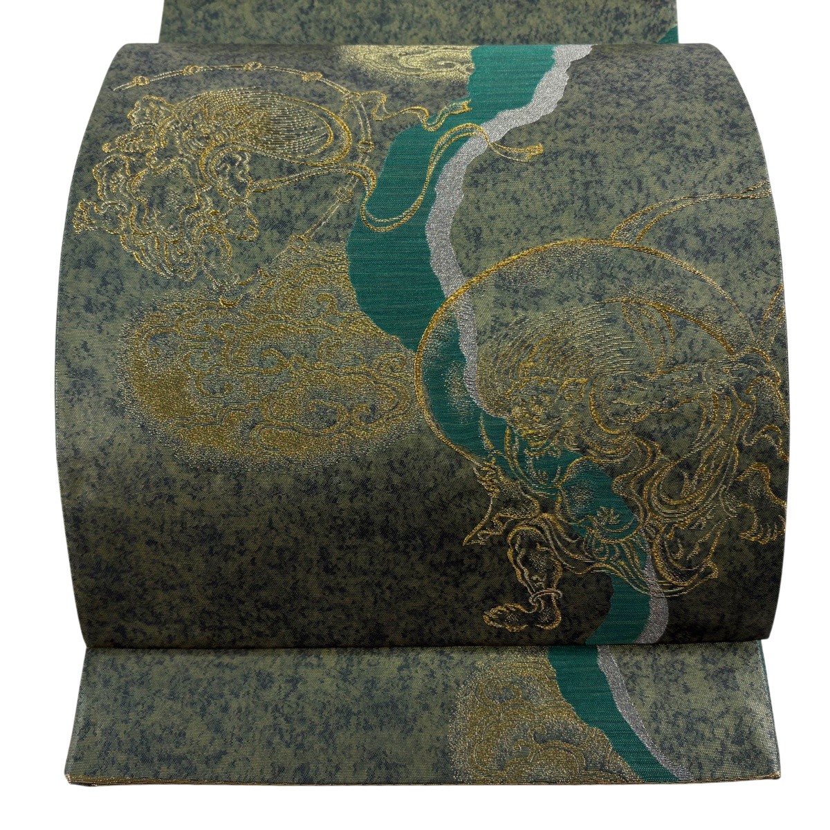 【美品】 袋帯 逸品 関西仕立て 風神雷神 金銀糸 箔 灰緑 お太鼓柄 正絹 【中古】 msp29｜バイセル 店 13,328円