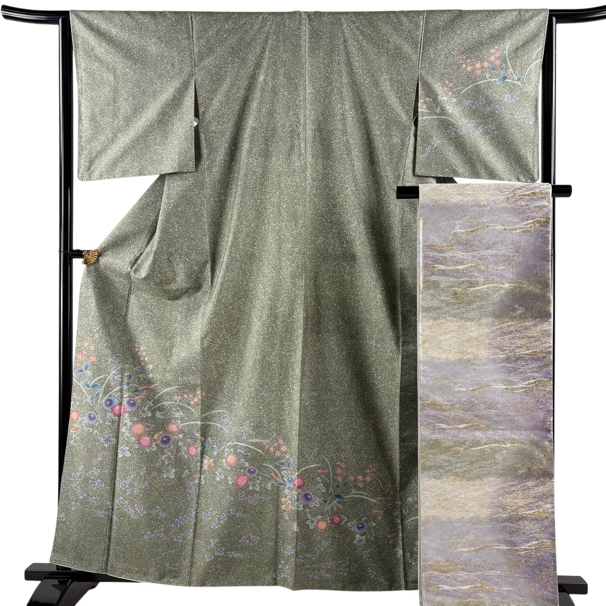 【美品】 付下げ 身丈160.5cm 裄丈64cm M 袷 袋帯セット 紬地 落款あり 菊 萩 灰緑 正絹 秀品 【中古】 msp30|バイセル 店