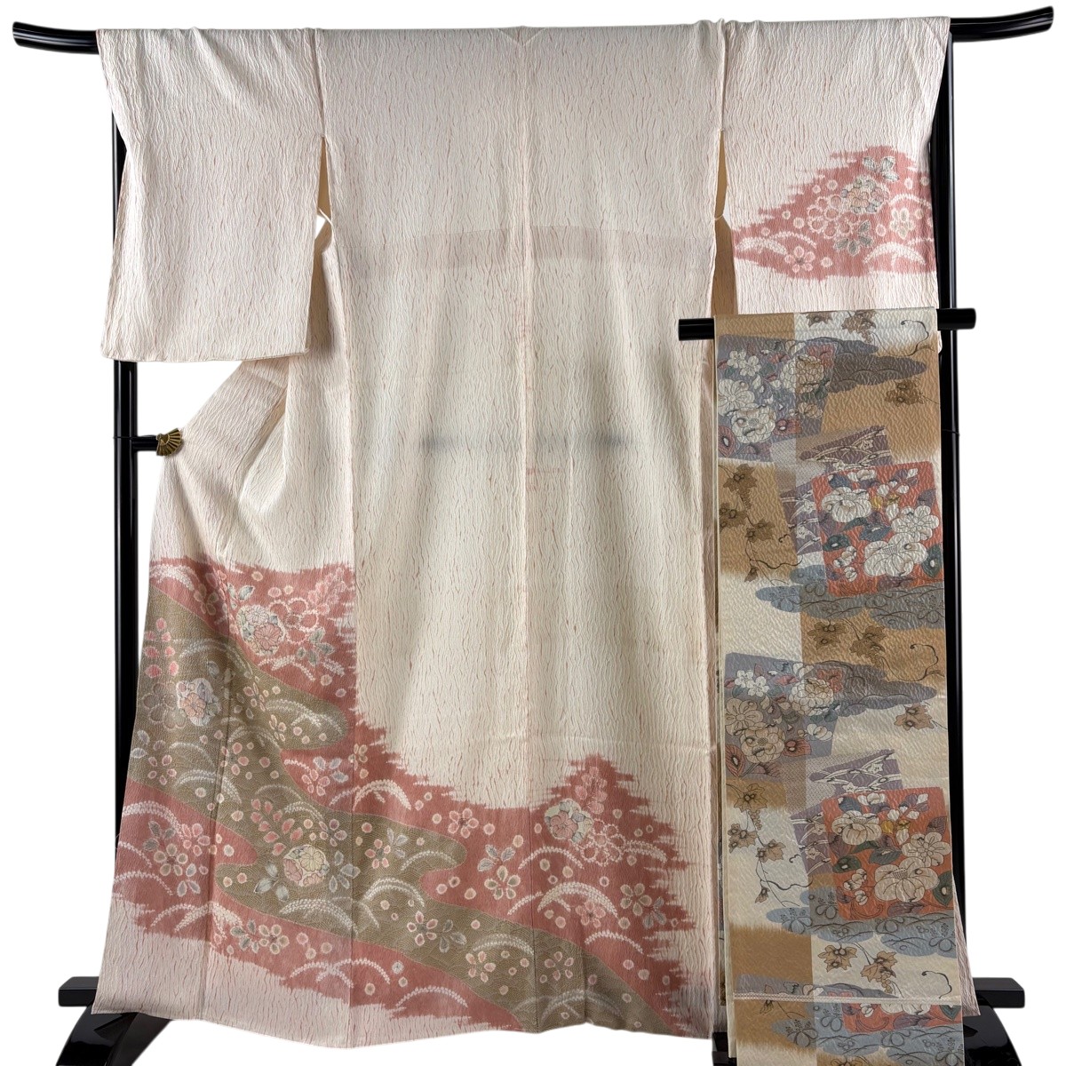 【美品】 付下げ 身丈163.5cm 裄丈69cm L 袷 袋帯セット 辻が花柄 霞 金彩 絞り クリーム 正絹 秀品 【中古】 msp30|バイセル 店