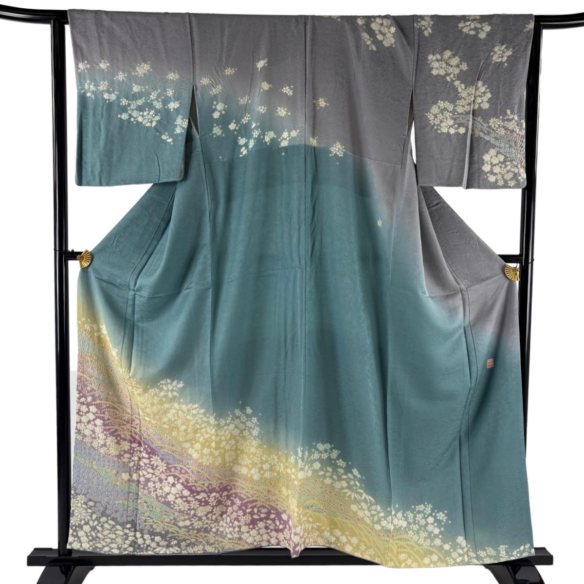 訪問着 身丈155.5cm 裄丈65cm M 袷 滝泰 落款あり 花 芝 銀通し 絞り 薄青緑 正絹 逸品 【中古】 msp29|バイセル 店