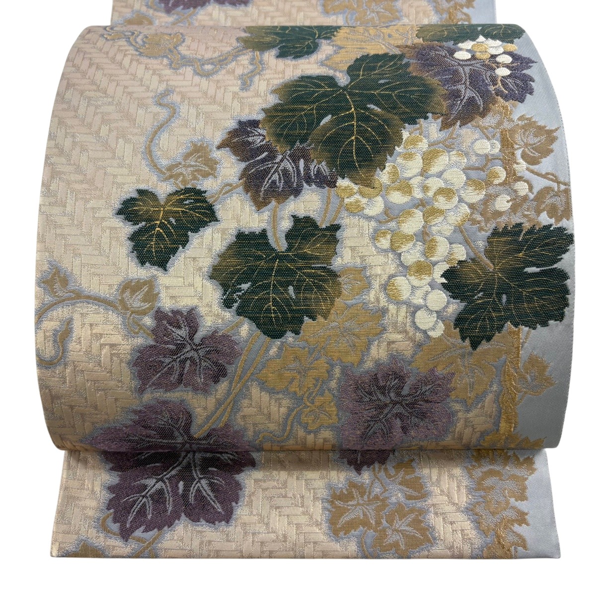 【美品】 袋帯 逸品 じゅらく 落款あり 証紙あり 葡萄 箔 金糸 灰色 六通 正絹 【中古】 msp29｜バイセル 店