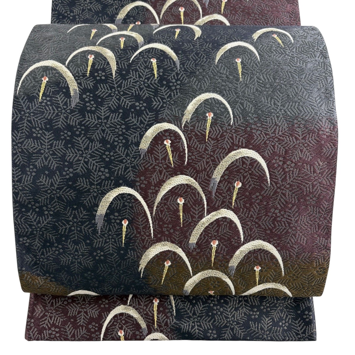 【美品】 袋帯 逸品 じゅらく 落款あり 黄皇絲 鶴 金糸 箔 濃紫 六通 正絹 【中古】 msp29｜バイセル 店