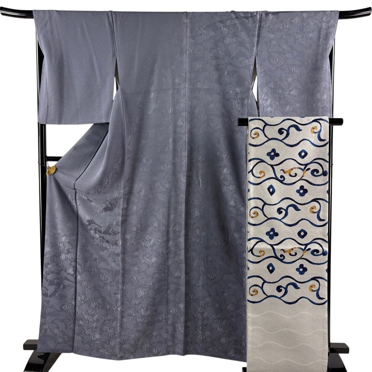 【美品】 訪問着 身丈162cm 裄丈68.5cm L 袷 袋帯セット 落款あり 草花 青灰色 正絹 名品 一つ紋 【中古】｜バイセル 店