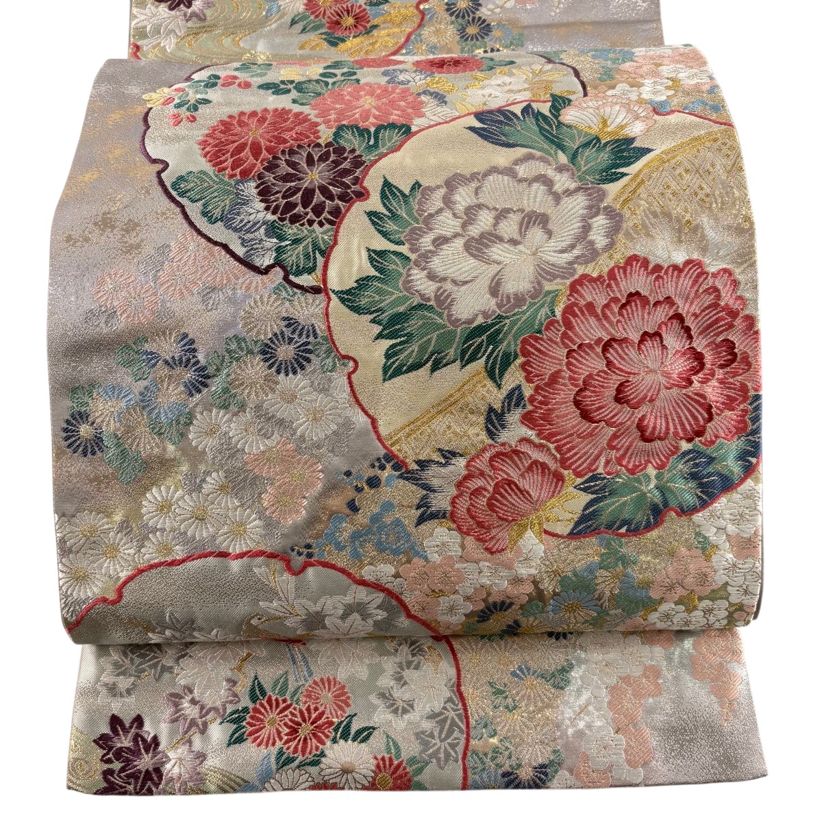 【美品】 袋帯 秀品 雪輪 草花 箔 金銀糸 灰色 六通 正絹 【中古】｜バイセル 店
