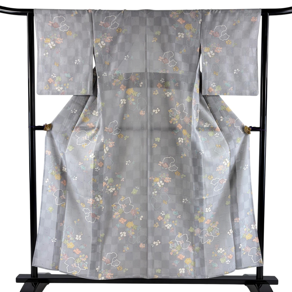 小紋 身丈156cm 裄丈64cm M 薄物 草花 市松 金彩 灰色 正絹 名品 【中古】|バイセル 店
