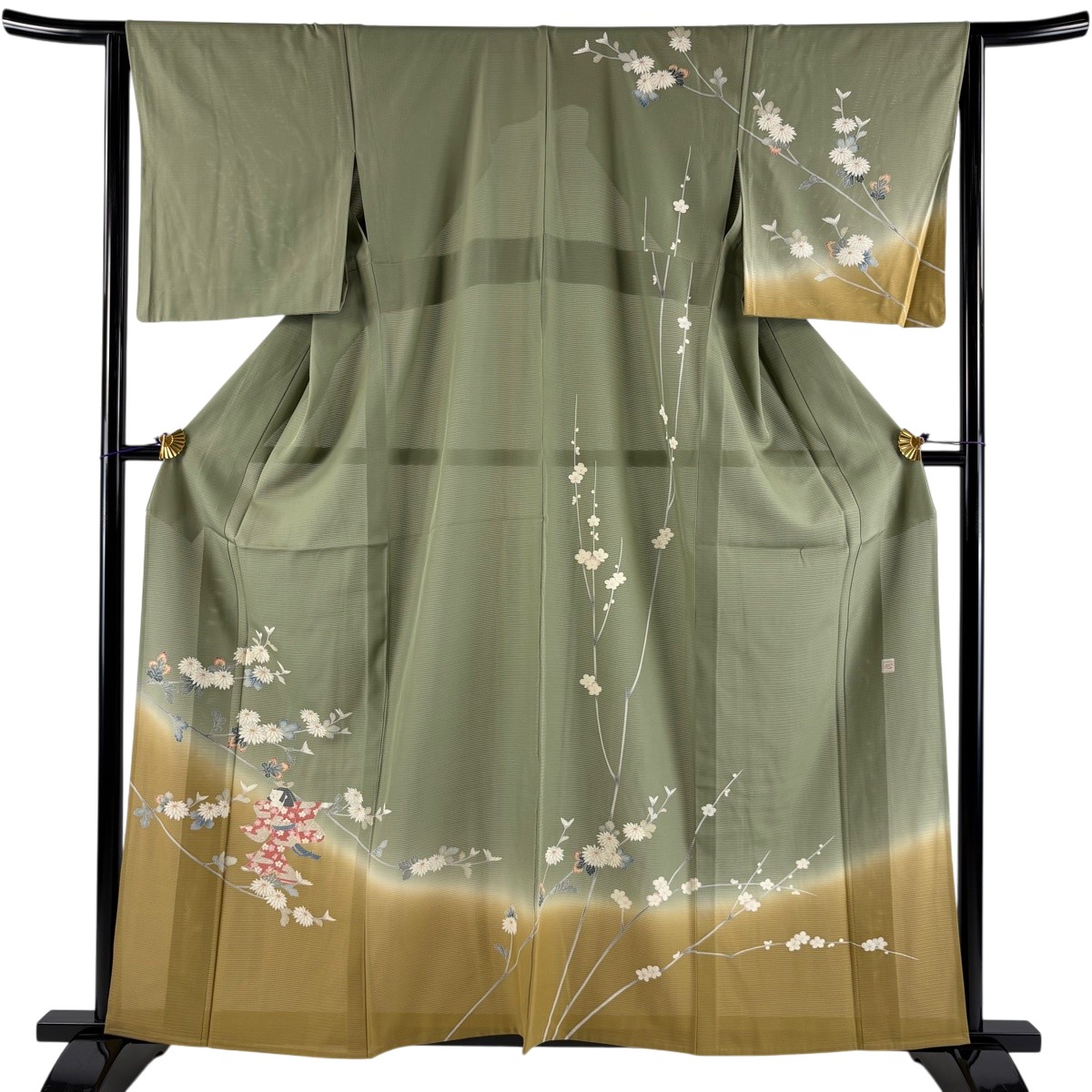 訪問着 身丈160cm 裄丈63.5cm S 薄物 絽 落款あり 童 菊 ぼかし 染め分け 灰緑 正絹 名品 【中古】｜バイセル 店