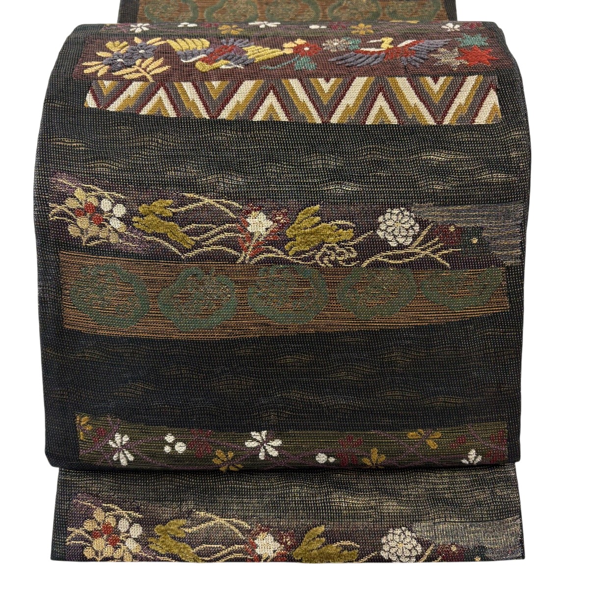 【美品】 袋帯 名品 鳥 草花 金糸 箔 黒灰 六通 正絹 【中古】|バイセル 店