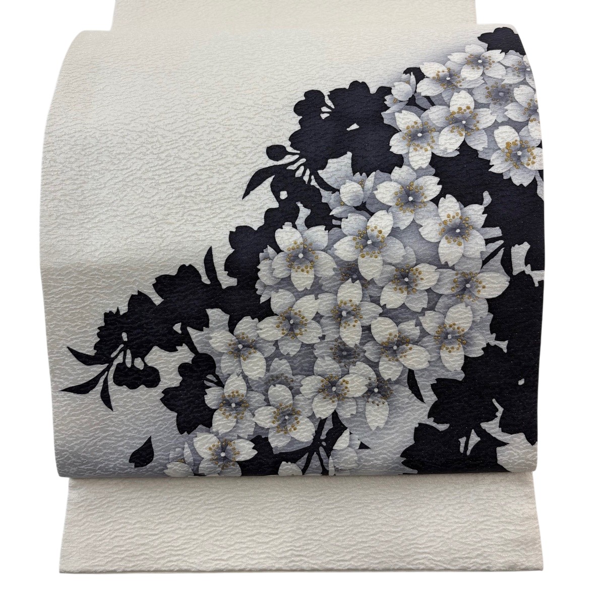 【美品】 袋帯 名品 桜 シルエット 金彩 銀通し 灰色 お太鼓柄 正絹 【中古】|バイセル 店