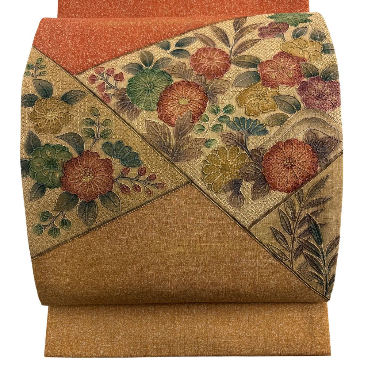 【美品】 袋帯 秀品 紬地 菊 草花 刺繍 金彩 薄茶色 お太鼓柄 正絹 【中古】｜バイセル 店
