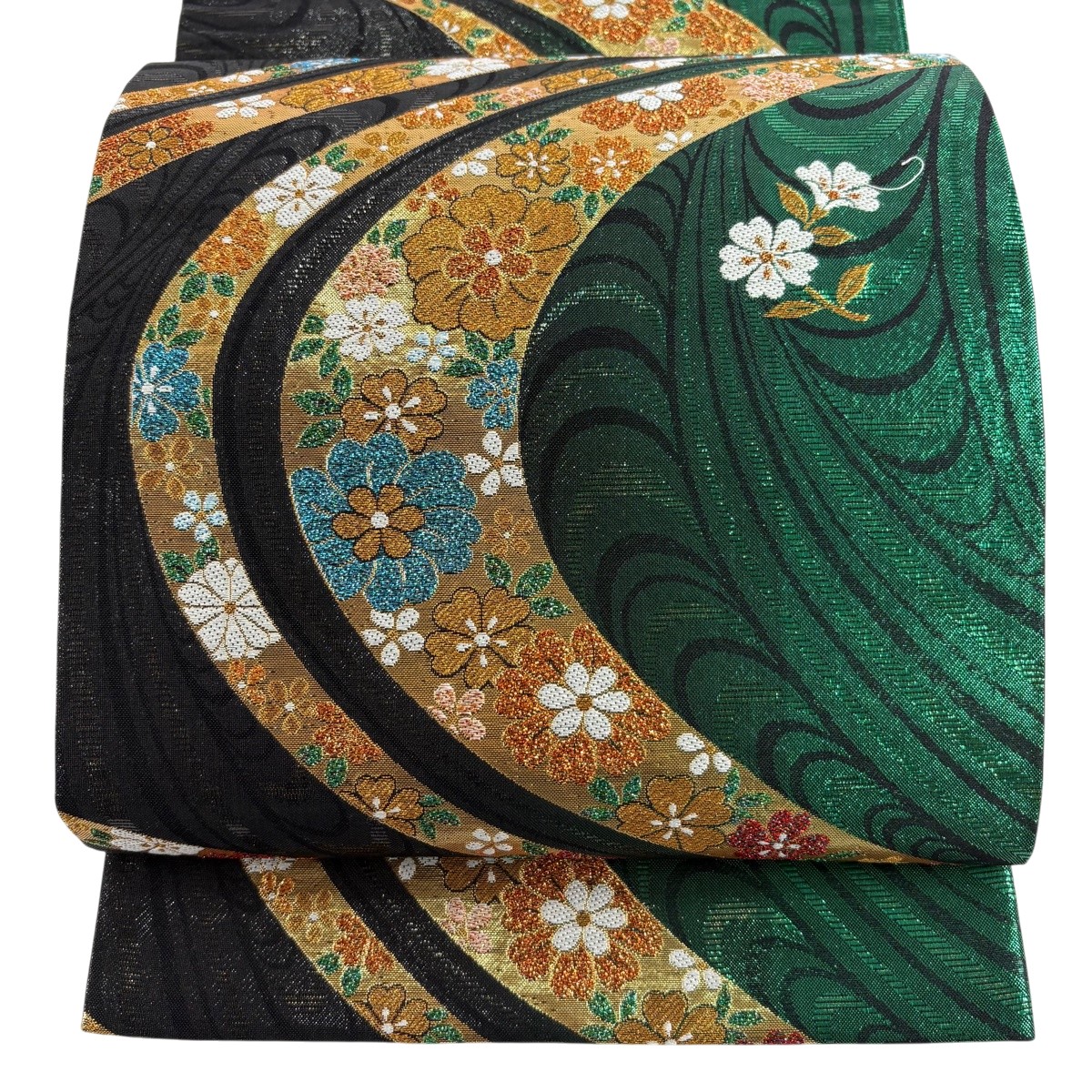 【美品】 袋帯 秀品 振袖向き 草花 流水 金糸 箔 緑 六通 正絹 【中古】｜バイセル 店