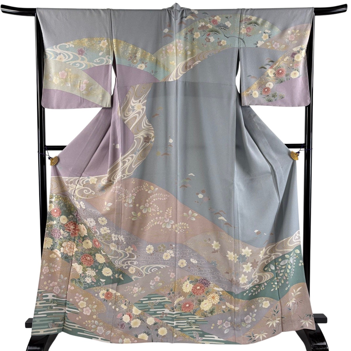 訪問着 身丈167cm 裄丈67cm M 単衣 牡丹 流水 金糸 金銀彩 薄紫 正絹 名品 【中古】|バイセル 店
