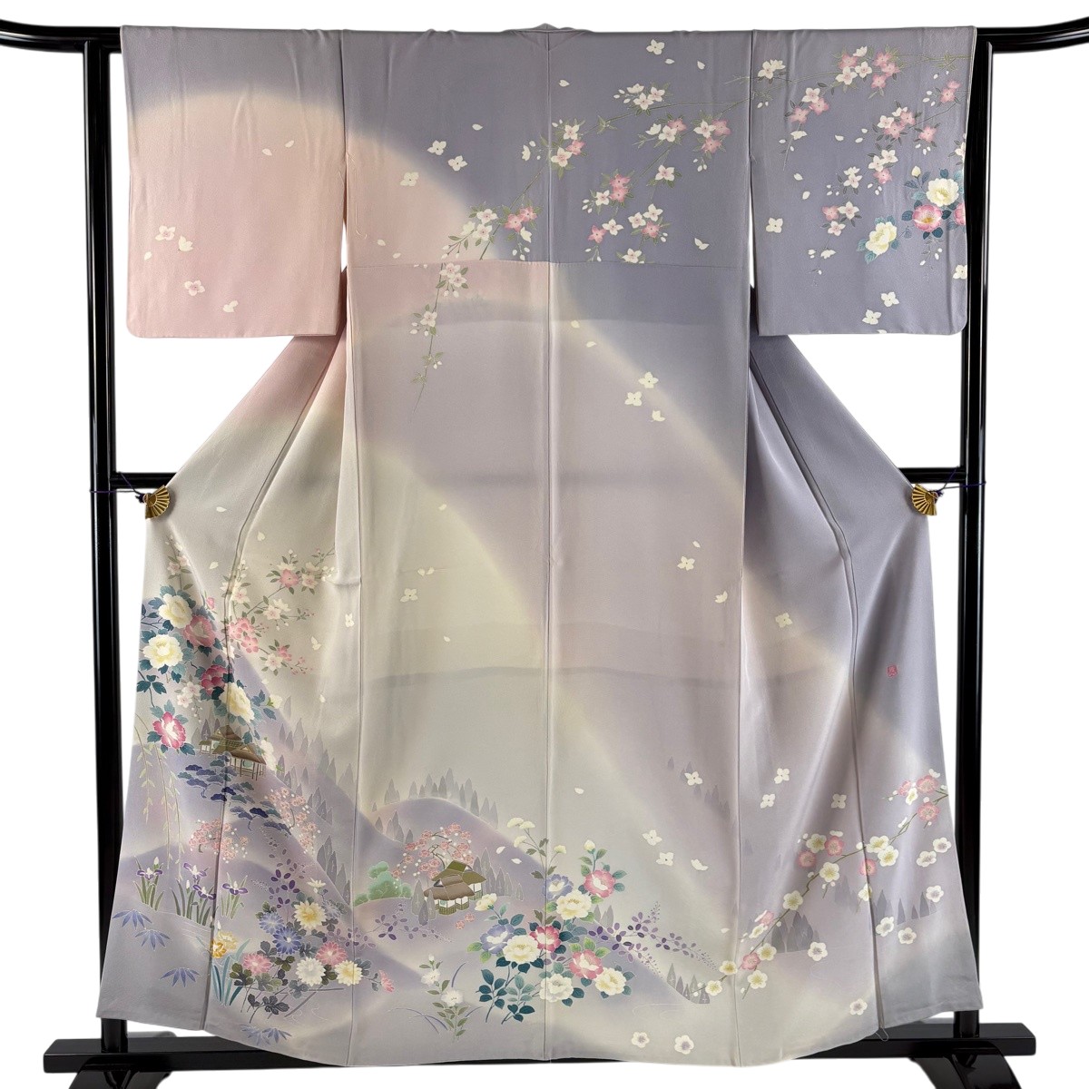 訪問着 身丈158.5cm 裄丈63cm S 袷 落款あり 風景 建物 ぼかし 灰紫 正絹 名品 【中古】｜バイセル 店