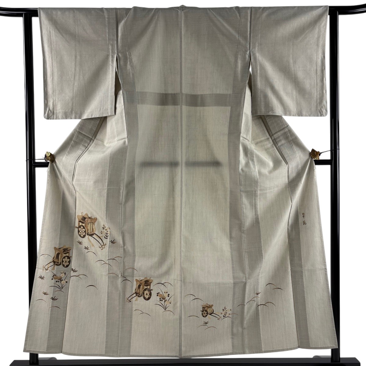 【美品】 付下げ 身丈156.5cm 裄丈62cm S 単衣 紬地 草苑 御所車 草花 灰緑 正絹 名品 【中古】｜バイセル 店 15,260円