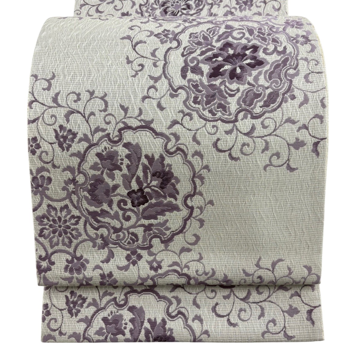 【美品】 袋帯 名品 雪輪 花唐草 金糸 灰白 六通 正絹 【中古】｜バイセル 店 12,324円