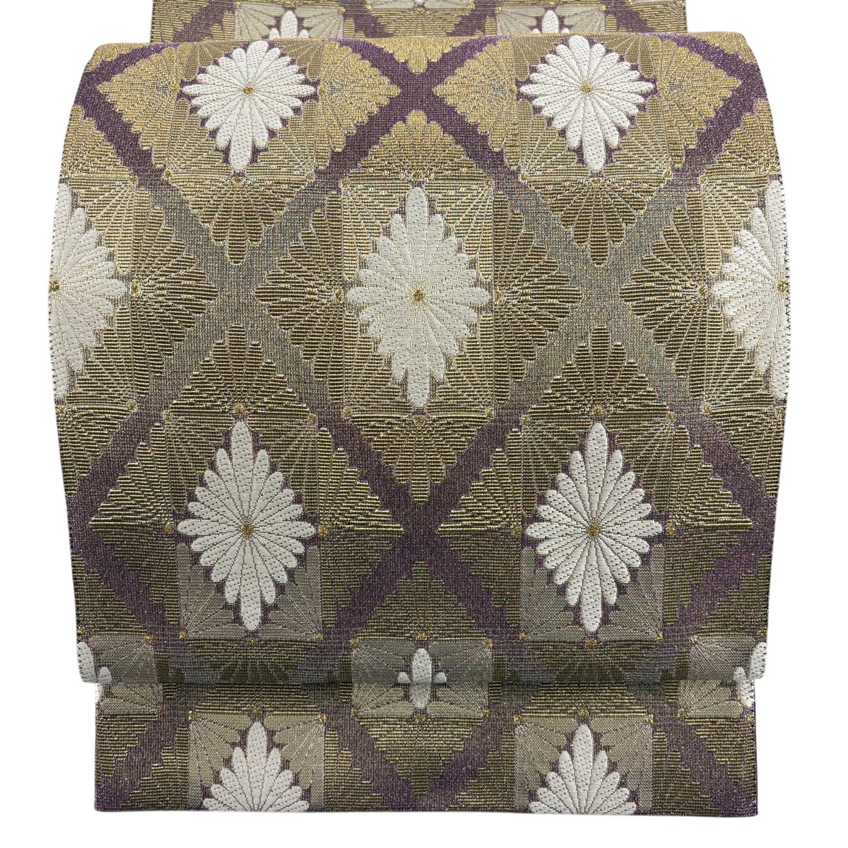 【美品】 袋帯 名品 菊菱 斜め格子 金糸 箔 金茶 六通 正絹 【中古】｜バイセル 店