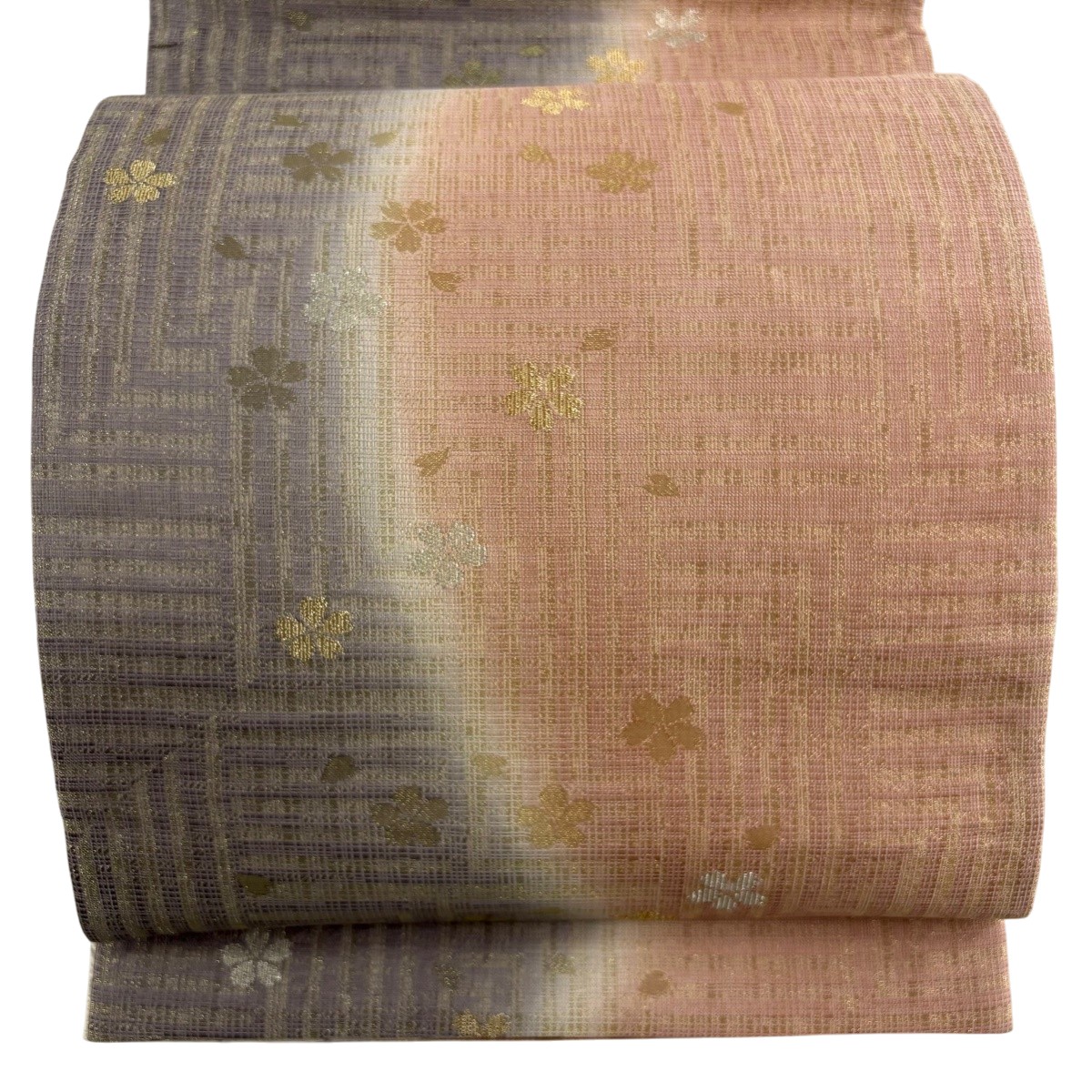 【美品】 袋帯 名品 桜 幾何学模様 金銀糸 箔 ピンクベージュ 六通 正絹 【中古】｜バイセル 店