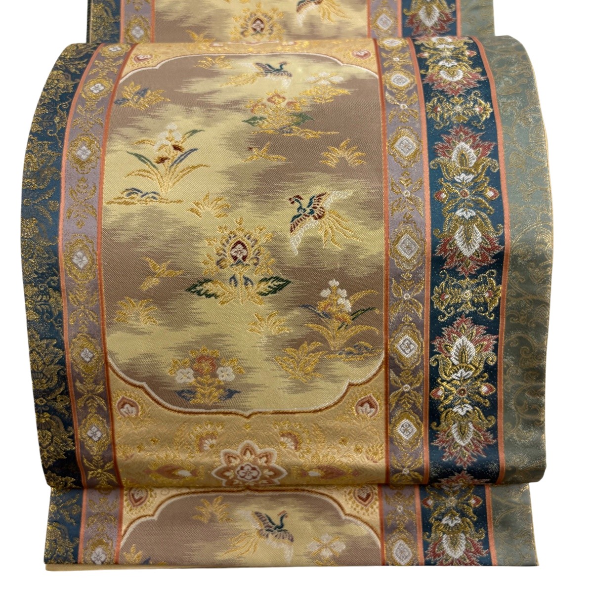 【美品】 袋帯 名品 証紙あり となみ織物 花鳥 縞 金糸 箔 ベージュ 六通 正絹 【中古】|バイセル 店